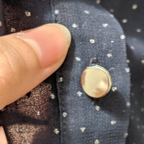 Sheer Navy Blue Button Down Sleeveless Shirt w/ Silver Polka Dots & Pear… - Picture 10 of 10